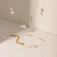Minar Hot Sale Round Simulated Pearl Strand Beaded Bracelet For Women Stainless Steel Gold PVD Plated Waterproof Accessories