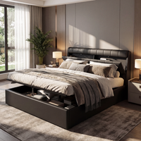 PINGGO Fashion Upholstered Bed,150*200(5ft), King Bed,Hydraulic Bed,PU,With Slats and Headboard,Without Mattress,Black