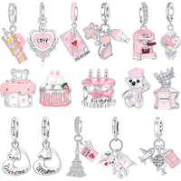 925 Sterling Silver Charm Pink-Themed Cake Bear Coffee Machine Pendant for Women Fit Original Bracelet Necklace DIY Accessories