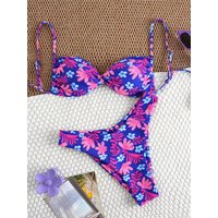 Blue Flower Print Bandeau String Bikinis Sets Sexy Swimsuit Women 2026 Cross Swimwear High Cut Bathing Suit Biquini Bikini Mujer