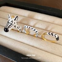 3-Piece Vintage Zebra Print Open Ring Set 18K Gold Plated Enamel Adjustable Jewelry for Women