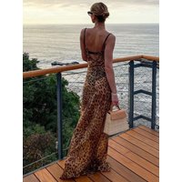 Mingmingxi Summer Leopard Sexy See Through Dress Maxi Backless Sheer Beach Dress Lace Up Elegant Floor Length Holiday Dress