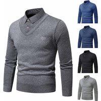 Autumn and Winter New Men's Fake Two Piece Sweater with Fleece and Slim Fit Polo Collar Knitted Bottom Shirt Thickened and Warm