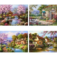 Meian Landschaft Kreuzstich Kits Cartoon Häuser Bach Kirschbaum Traum Home Decor Malerei Stickerei Set DMC Gedruckt Leinwand