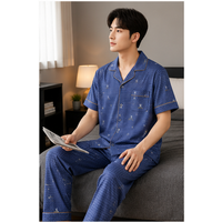 Mens Pajama Set Short Sleeve Button Down 2 Piece Sleepwear Soft Breathable Long Pants Loungewear with Pocket Summer Homewear