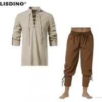 2Pcs Retro Vintage Medieval Renaissance Cosplay Costume Outfits Pirate Viking Halloween Casual Daily LARP Ren Faire Shirt Pants