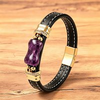 Men's Tiger Eye Stone Leather Bracelet – Black Leather Rope, Stainless Steel Clasp, CZ Accent Fashion Jewelry Gift for Him