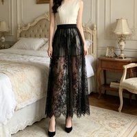 2 Length Elegant Black Skirt White Lace Transparent Long Tulle Skirt Ladies Elastic High Waist Beach Midi Skirt Drop shipping