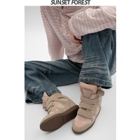 Women's High Top Thick Bottom Sports Shoes Casual Leisure Retro Leather Spring New Style Fall Forest Increase Height Shoes