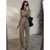 Korean Lazy Style Fashionable Sportswear Set Women's Autumn Winter New Stand Collar Fleece Lined Hoodie Jacket Wide Leg Pants...