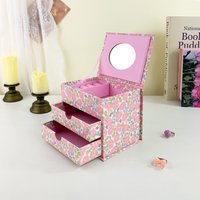 Double Drawer Floral Pattern Jewelry Gift Box Pink Desktop Storage Organizer for Earrings Necklaces Bracelets Ideal for Birthday