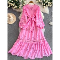 Elegant Embroidered Lace Hollow out Collar Long Dress Women's Spring Autumn Slimming A-Line Skirt High Waist Bell Sleeve Dress