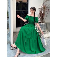 Elegant Women's Solid Color/Floral Print Bubble Sleeve Dress, Lightweight Summer Medium Long Elastic waistline Casual Vacation