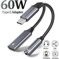 OTG 2 In 1 USB C Splitter to Dual Type USB C to 3.5mm Jack Audio Adapter PD 60W Fast Charger For iPhone 15 Series Huawei Xiaomi