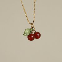 Cute Stainless Steel Cherry Necklace Natural Stone Beads Pendant Chain Necklace Women's Fashion Wedding Jewelry Birthday Gift