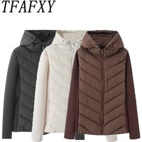 TFAFXY Casual Chic Women Jackets Hooded Zipper Loose Thick Splicing Cotton Coats New Fashion 2025 Autumn Winter Outwears