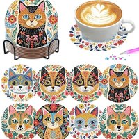 8 Diamond Painting Coasters with Brackets, DIY Colorful Cat Diamond Painting Coasters, Suitable for Adults and Beginners to Use