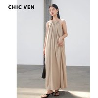CHIC VEN Women Halter Dress A Line Solid Loose Casual Lace Up Black Sleeveless Holiday Female Long Dress Pullover Summer 2026