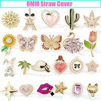 8MM Silicone Straw Cover Cap Metal Decoration,Crystal Heart Butterfly Straw Topper for Cups Accessories,Dustproof Straw Cap