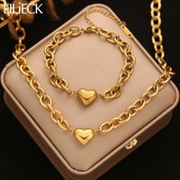 EILIECK New Fashion Stainless Steel Metal Golden Heart Necklace Bracelet Set For Women Waterproof Hypoallergenic Jewelry Gift