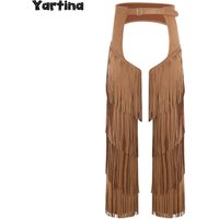 Mens Western Cowboy Chaps Carnival Cosplay Costume Open Crotch Pants Adults Layered Fringe Buckles Hippie Motorcycle Trousers