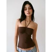 One-Piece Casual Short Rolled Hem Tops For Women Summer Fashion Solid Colour Bandeau Top Sexy Lace Up Neck Sleeveless Bra Top