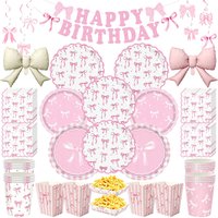 Bow Theme Paper Plates Cups Napkins Tablecloth Birthday Party Decoration Pink Tableware Balloons Backdrop Wedding Decor Supplies