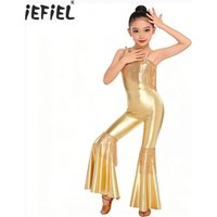 Kids Girls Sequins Hippie Disco Jazz Dance Performance Costume Tassels Unitards Bell-bottom Long Pants Bodysuit Flared Jumpsuit