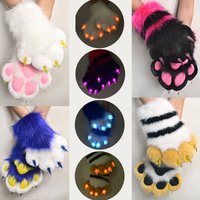 LED Glowing Plush Animal Paw Gloves Faux Fur Style Fursuit Hand Paws Cosplay Costume for Halloween Party