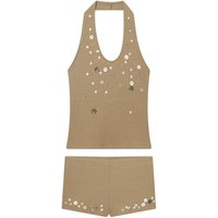 2026 Spring and Summer New Sleeveless Halter Collar Ribbed Button Decoration French Hot Girl Vest + Ribbed Shorts Set