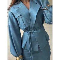 Women Lapel Collar Long Sleeved Jacket and Skirt Two Piece Set Autumn Winter Lace Up Solid Office SuitSimple Casual Party Outfit