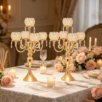 Luxury 5-Arm Crystal Candelabra Gold/Silver Candle Stand with Crystal Cups & Hanging Beads for Wedding Centerpiece