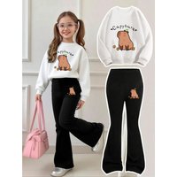 4-12 Year Old Girls' Soft and Cute Capybara Sweatshirt and Bell-Bottom Pants Set with Round Capybara Pattern and the Word "Capybara" Printed on the Clothes, Black Bell-Bottom Pants with a Full Sense