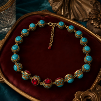 Vintage Turquoise Ruby Bracelet Necklace Set for Women Retro Banquet Jewelry Gift