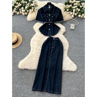 High Waist Slit Denim Skirt And Short Sleeve Top Women's Summer Two-Piece Set Belted Waist Bandage Bodycon Dress