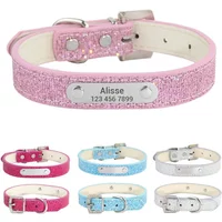 Custom Bling Leather Dog Collar with Name, Solid Personalized Engraved Puppy ID Collars, Small Medium and Large Dogs, XS-L