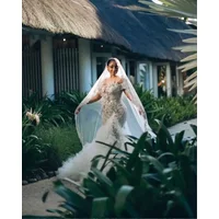 Customized Mermaid Wedding Dresses with Ruffled Tulle Train African Bridal Dress Off the Shoulder Formal Occasion Gown Pearls
