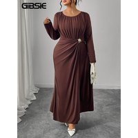 GIBSIE Plus Size Elegant Pleated O-Neck Long Sleeve Maxi Dress Womens Autumn Solid Chic Party Big Swing A-Line Dresses 2025 New