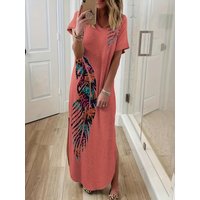 Women's Western Ethnic-Style round Neck Short Sleeve Maxi Dress Long Dress with Slit Hem