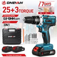 ONEVAN 25+3 Drehmoment Elektrischer Schlagbohrer Kabellos Tragbar 2-Gang-Schraubendreher Holzbearbeitungs-Elektrowerkzeug für Makita 18V Akku
