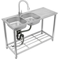 Freestanding Double Bowl Kitchen Sink with 360° Swivel Faucet, Commercial Utility Sink with Storage Shelf 120*50*80cm