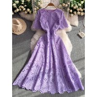 Ele Hollow out Lace round Ne Dr Women's Summer Slim Fit Floor Length Dr Korean Sle Commute High Waist ort Sve