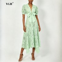 VGH Solid Spliced Hollow Out Two Piece Set Female V Neck Short Sleeve Top French Intellectual Women's Skirt Sets Fashion Summer