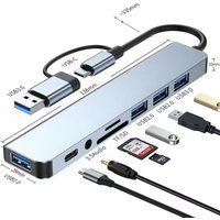 8-Port USB Hub with Integrated Card Reader (Supporting SD and microSD Cards), USB-C Port, and USB 3.0/2.0 Compatibility