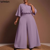 VONDA Fashion Women Plus Size Sets Solid Pant Sets 3/4 Sleeve Blouse O Neck Tops Wide Leg Pants 2PCS OL Work Two-piece Outfits