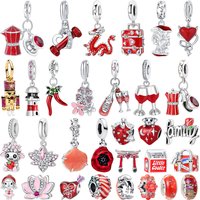 925 Sterling Silver Red Glass Beads Pendants Strawberry Wine Glass Heart Chili Flower Dragon Series Inlaid fit Bracelet Jewelry