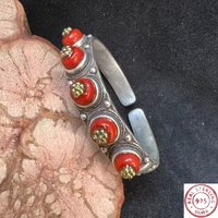 2026Vintage Handmade Coral Gem Silver Bracelet, Adjustable Open Design, Ethnic Style, Exquisite Neutral Tone Jewelry