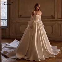 Alonlivn Custom Made Luxury Satin Square Collar A-Line Wedding Dresses With Bow Spaghetti Straps Bridal Dresses