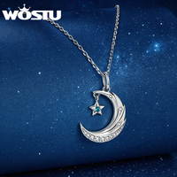 WOSTU Moon Star Pendant Necklace for Women, Platinum Plated Fashion Jewelry Gift Zircon Necklaces Links