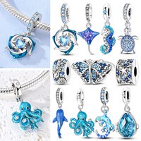 925 Sterling Silver Blue Charms Whale Shark Sea Turtle Dolphin Seahorse Pendant Bead Fit Original Bangle Bracelet Charms Jewelry